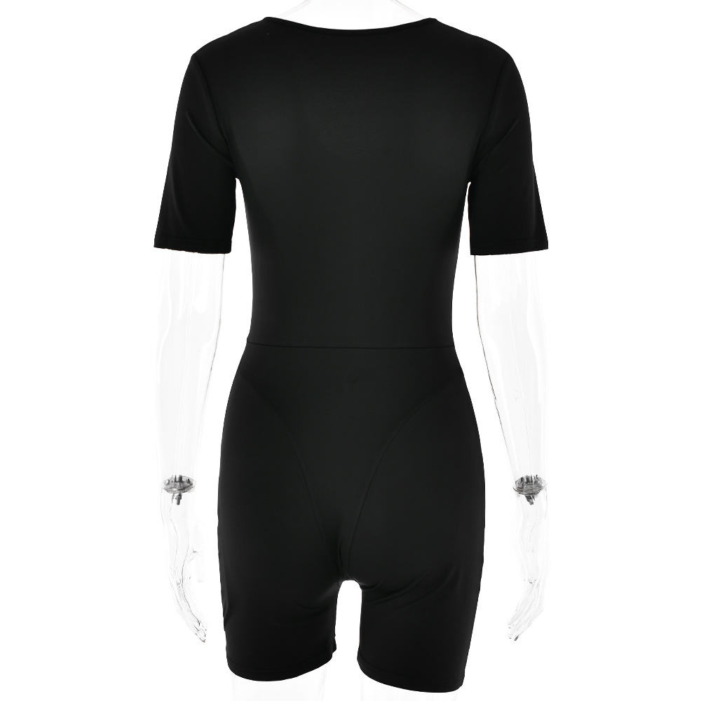 Popular Sexy Tight Jumpsuit Spring Summer Short Sleeve V Neck Patchwork Bottoming Shirt Women