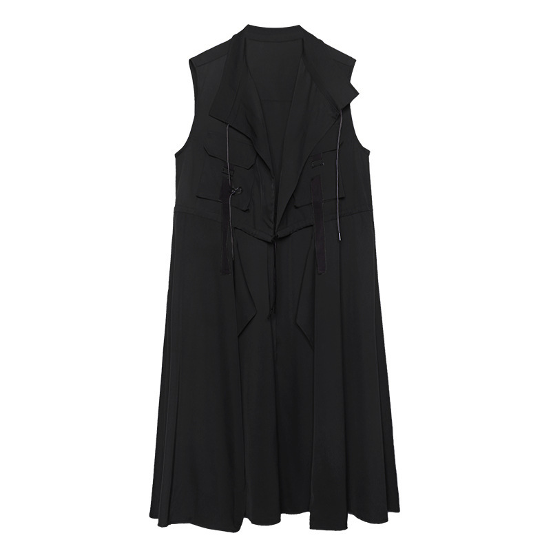 Estilo coreano traje suelto collar sin mangas Chaleco de primavera y otoño de las mujeres delgada cintura apretada diseño sentido nicho estilo occidental cardigan vestido
