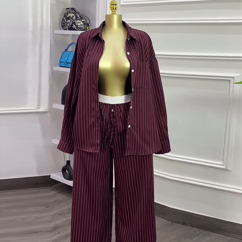 ヨーロッパとアメリカのクロスボーダー婦人服 2025 夏の新ファッションラペルストライプ長袖シャツワイドレッグパンツカジュアルスーツ|undefined