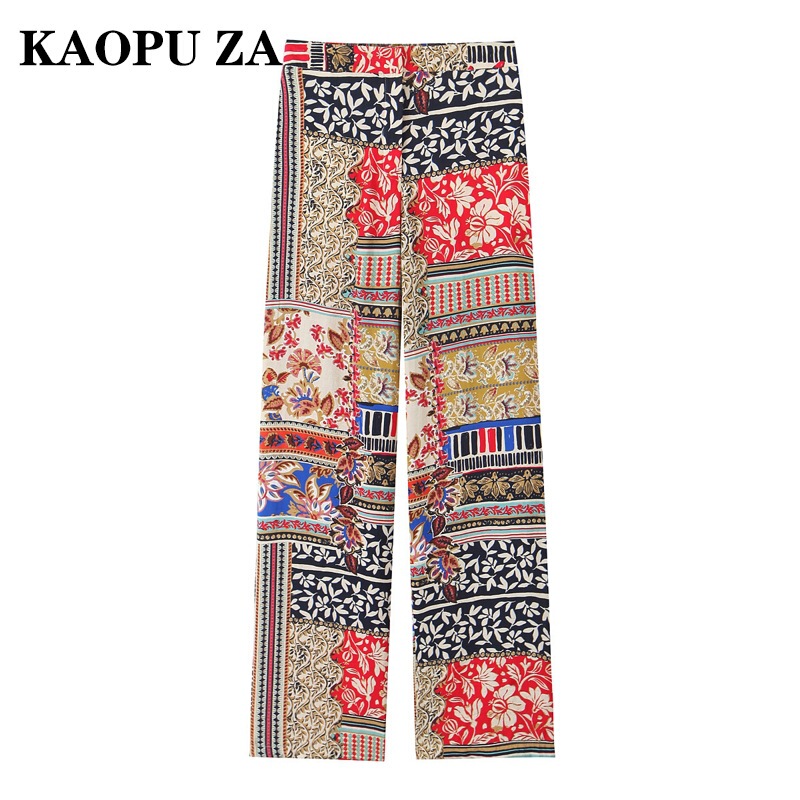 Kaopu Za 2025 Summer New Product Patchwork Holiday Style High Waist Casual Color Matching Printed Wide Leg Pants for Women