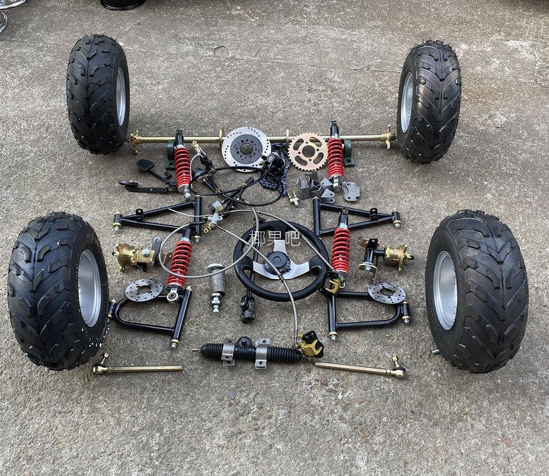 Modified Go-Kart Parts, Homemade Four-Wheel Vehicle with Front and Rear Suspension, Steering Wheel, 1m Rear Axle, 6/7/ 8inch Tires