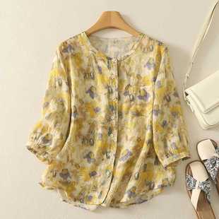 Real Shot of New Shirts for Women in Summer, Round Neck, Mid-Sleeve, Printed, Slim and Versatile Casual Shirts