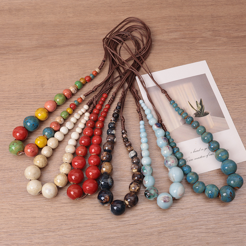 欧美民族风串珠陶瓷珠项链波西米亚可调节颈链复古简约新年毛衣链