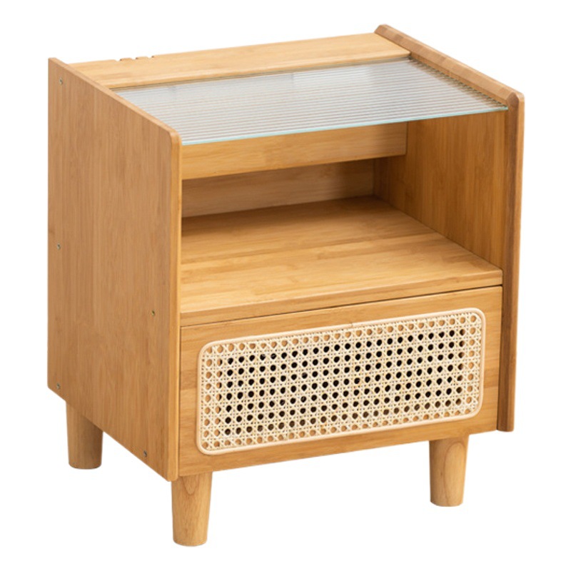 Mesa de noche de ratán cajón de dos capas armario de noche dormitorio moderno minimalista Changhong vidrio pequeña mesita de noche estrecha