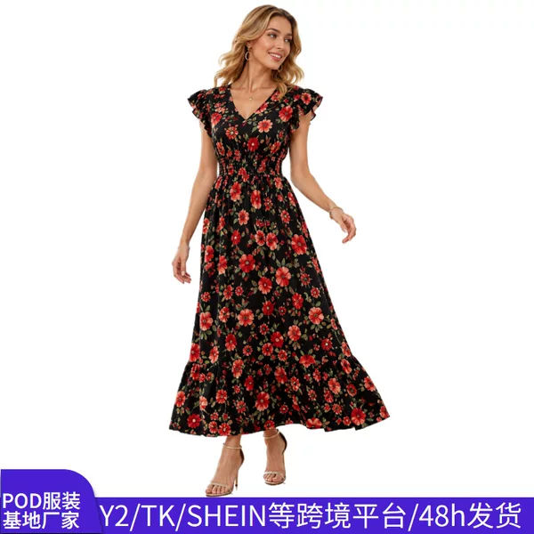 European and American Cross-Border Plus-Size V-Neck Floral Dress with Ruffled Sleeves and Waist-Cinching Long Design for Vacation Wear, Fast Delivery Within 48 Hours