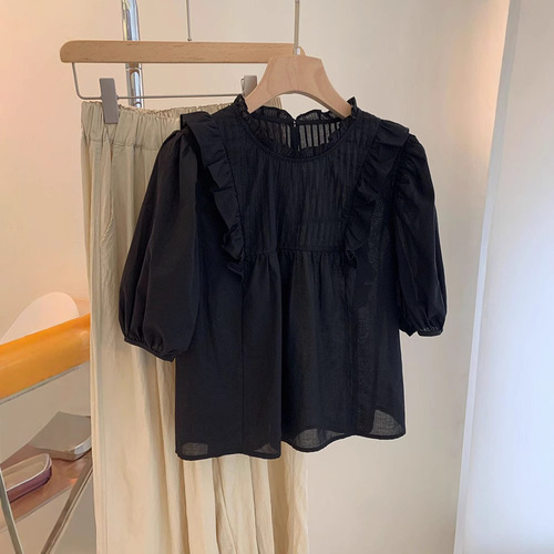 Black shirt with loose pleated ruffles, doll-style top—summer new arrival, forest-inspired solid color, sweet short-sleeved, niche design that won’t clash with others.