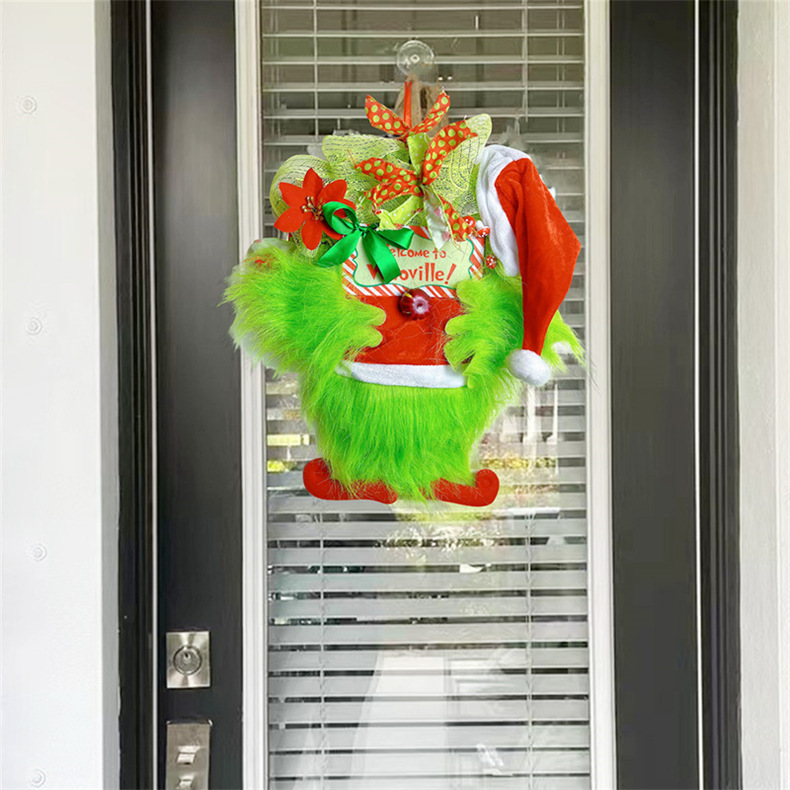 Ön kapı çiçek çelengi, Grinch yeşil kürk canavar tarzı simülasyon Noel dekorasyonu asılı süs_voghion.com
