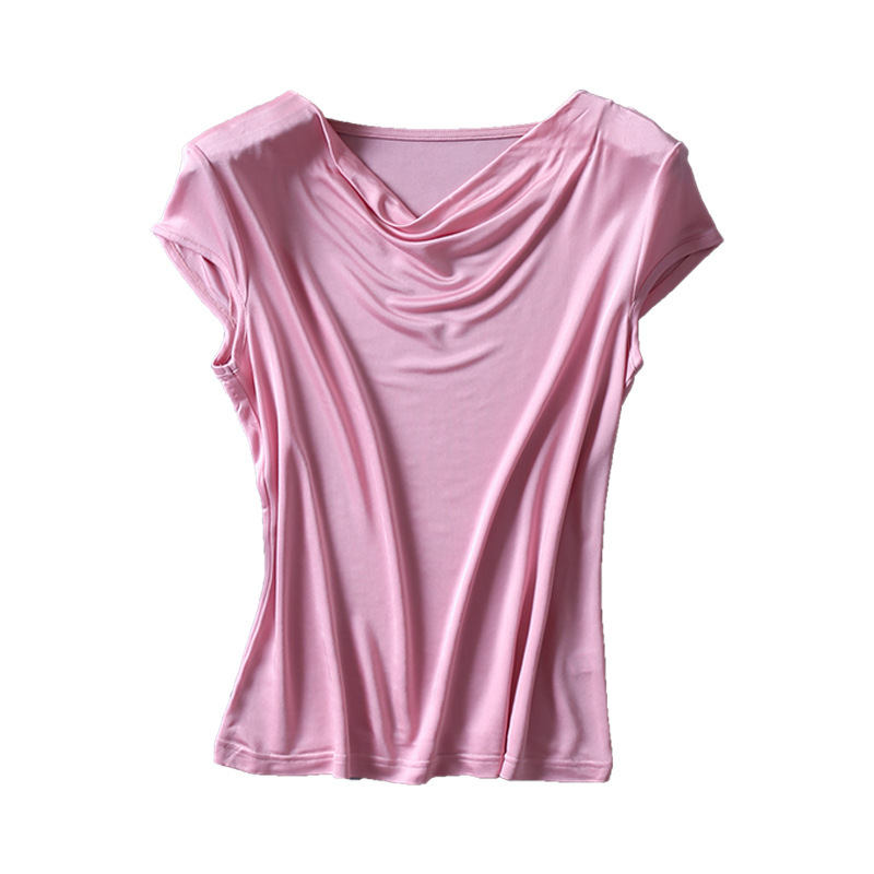 New Style Silk Women's Summer T-shirt Short-sleeved Mulberry Silk Double-sided Knitted Pile Collar Base Shirt Large Size Simple