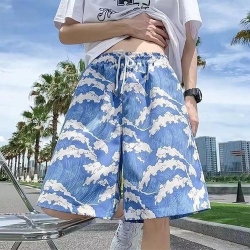 Hawaiian-style ice silk quick-drying five-pocket beach shorts for men, casual travel loose thin athletic underwear