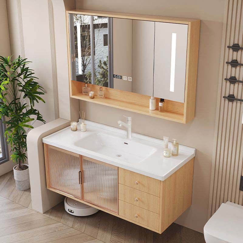 Modern Natural Wood Color Bathroom Cabinet Set, Simple Smart Washbasin, Ceramic Integrated Bathroom Vanity
