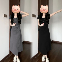 法式灰色高级感连衣裙子女夏季2025新款设计感小众小个子气质长裙