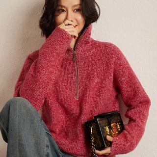 2026秋冬款山羊绒衫女宽松圆领花纱半拉链套头打底针织衫毛衣慵懒