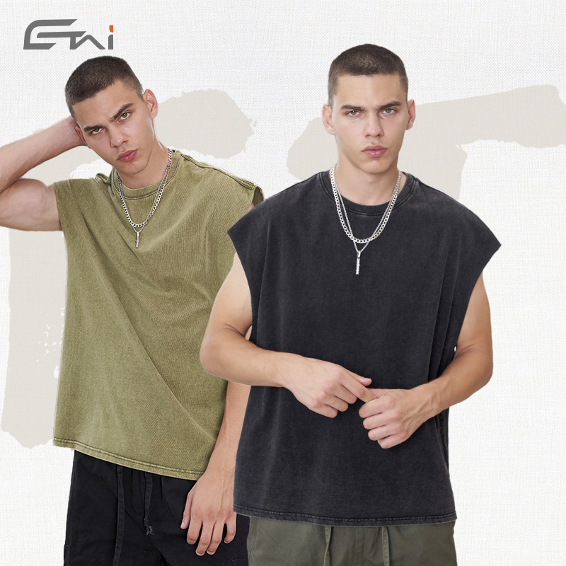 ETAI Hombre| Camiseta americana retro suelta sin mangas primavera y verano nuevo chaleco de algodón lavado con agua para hombres