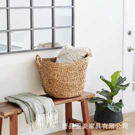 跨境水葫芦草编收纳篮大容量可手提书本儿童玩具储物筐双耳脏衣篮