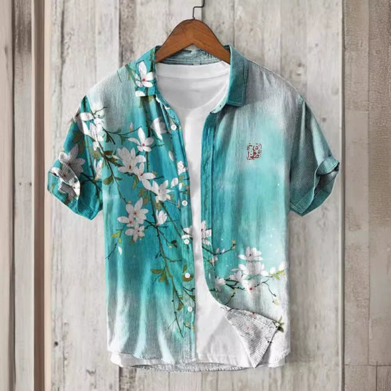 Прямые продажи с фабрики, трансграничная прямая продажа, бамбуковый льняной кардиган с лацканами, рубашка с короткими рукавами, простая мода, креативная 3D-печать