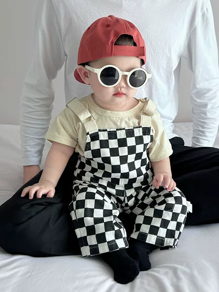 Korean-style Spring and Summer Suit Men's Baby Stylisch Vintage Checkerboard Suit Children's All-match T-shirt Clothes