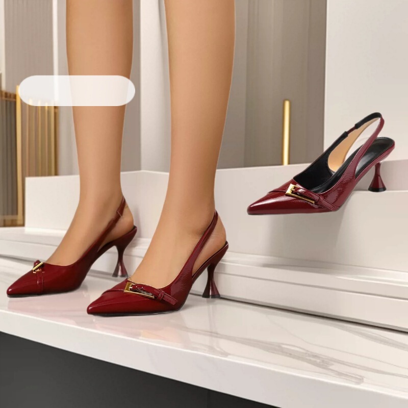 Cross-Border Burgundy Women's Pointed-Toe Stiletto Heels, Patent Leather Versatile Simple Closed-Toe Back-Strap Sandals, Thin-Heeled Sandals