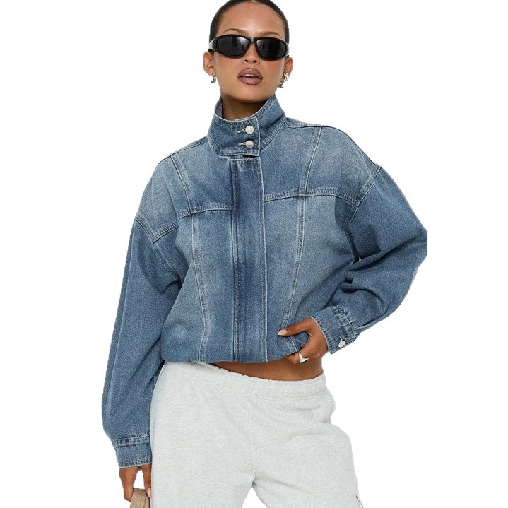 Retro Stand Collar Women's Long Sleeved Denim Jacket Loose Fit European American Style 2026 Cross Border Trade_mkmklike.com