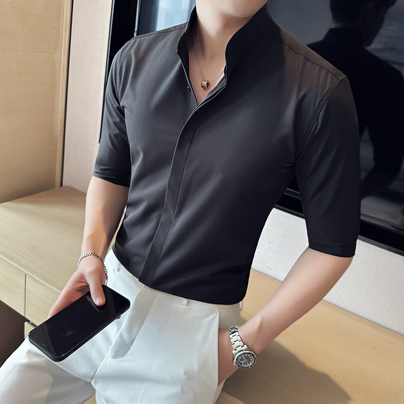 Tiktok actualizado verano nuevos hombres camisa de manga corta de moda coreana juventud tapeta oscura pequeño collar de pie camisa casual