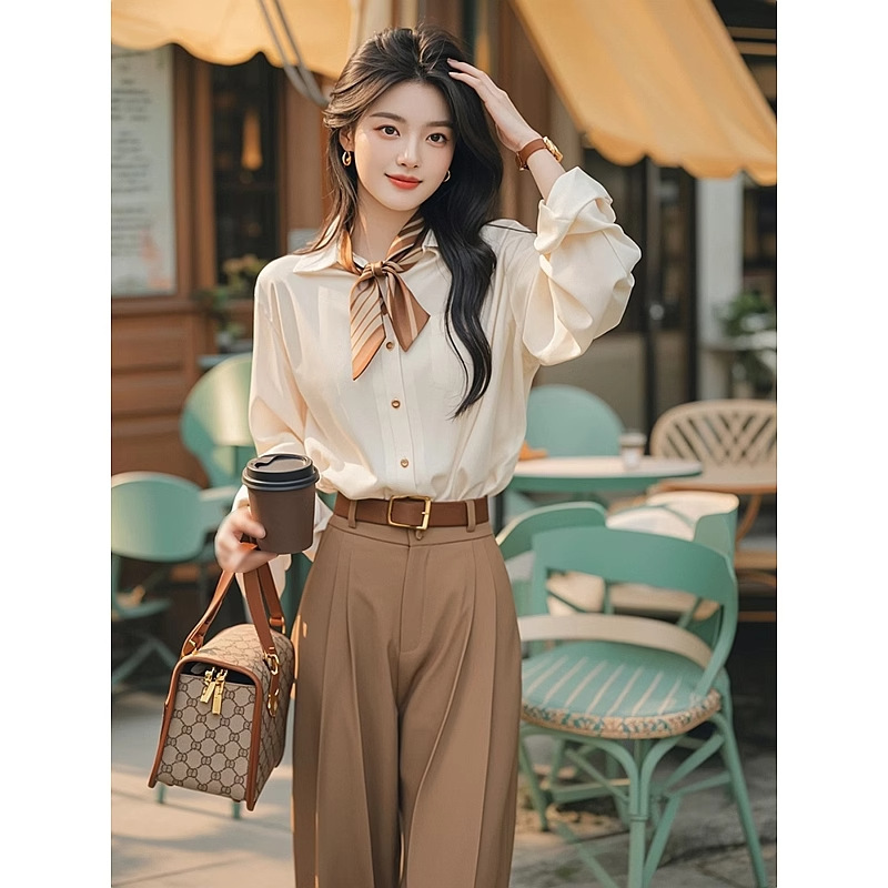 GraceChic 2025 Spring And Autumn Korean Version Ins Simple Apricot Long Sleeve Shirt Wide Leg Two-Piece Women's Professional Suit_voghion.com