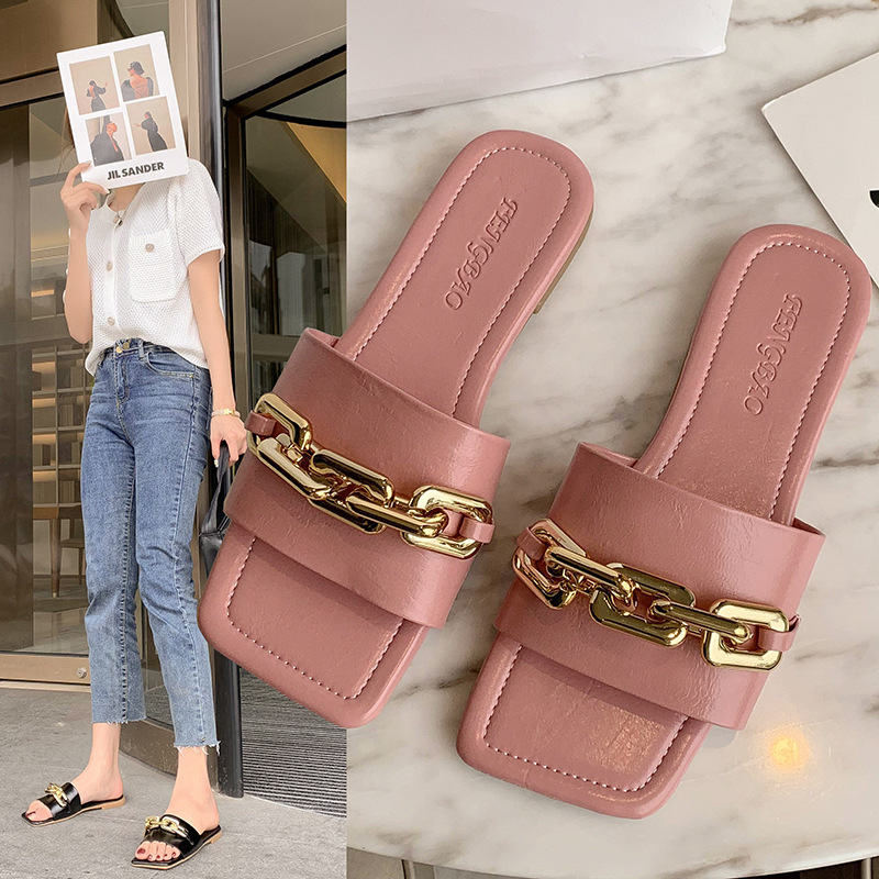 2021夏新款軟皮時尚方頭金屬鏈條平底壹字拖鞋女外穿時裝涼拖鞋