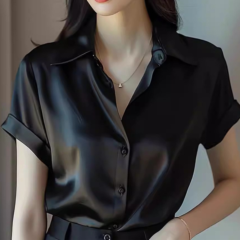 2026 Summer New Style High-End Acetate Satin Black Shirt Women's Short-Sleeved Fashionable French Silky Drape Shirt 2026 Summer New Style High-End Acetate Satin Black Shirt Women's Short-Sleeved Fashionable French Silky Drape Shirt