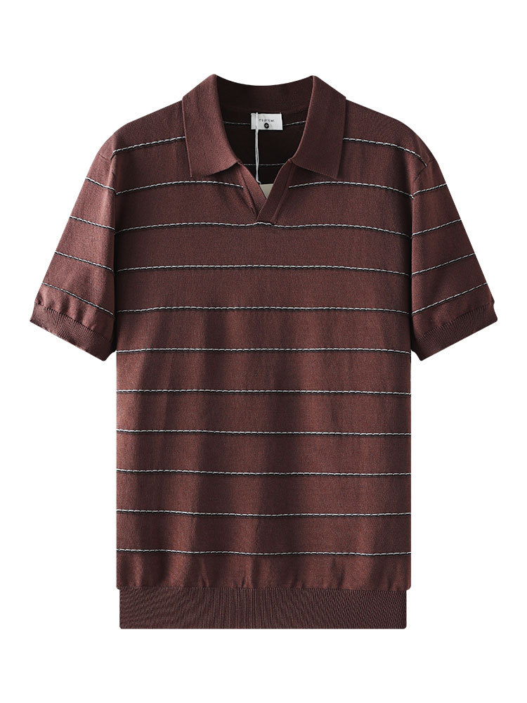 Hombres viejos ganancias de color contrastante tela de punto polo camiseta de verano de alto nivel de V-cuello camiseta de hombre casual de estilo europeo