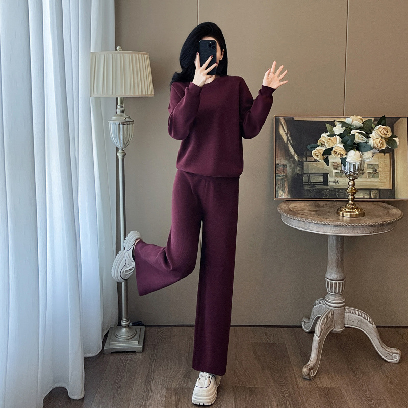 7553欧货高级感美拉德穿搭高级感小香风酒红色针织毛衣两件套装裤|undefined