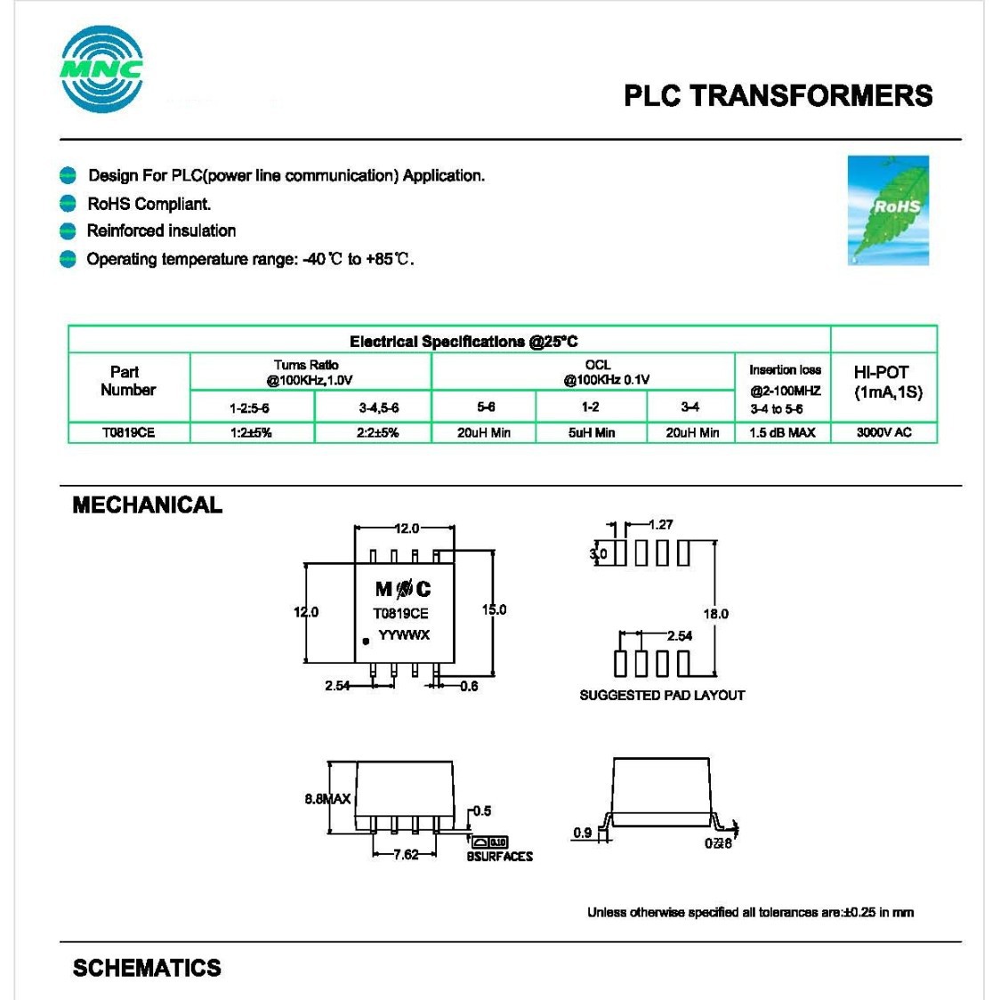 T0819CE 以太网络变压器T1/E1/CEPT/ISN-PRI TRANSFORMER 工业级