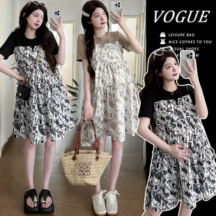 Real Shot of Ready-Made Summer Maternity Wear, Slimming Look Fake Two-Piece Floral Dress