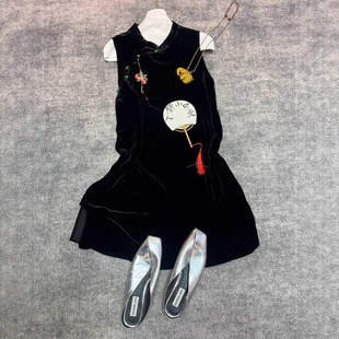 Nanyou New Chinese Style Pomegranate Velvet Vest Dress with Simple Retro Small Stand Collar and Button Tang Suit Dress