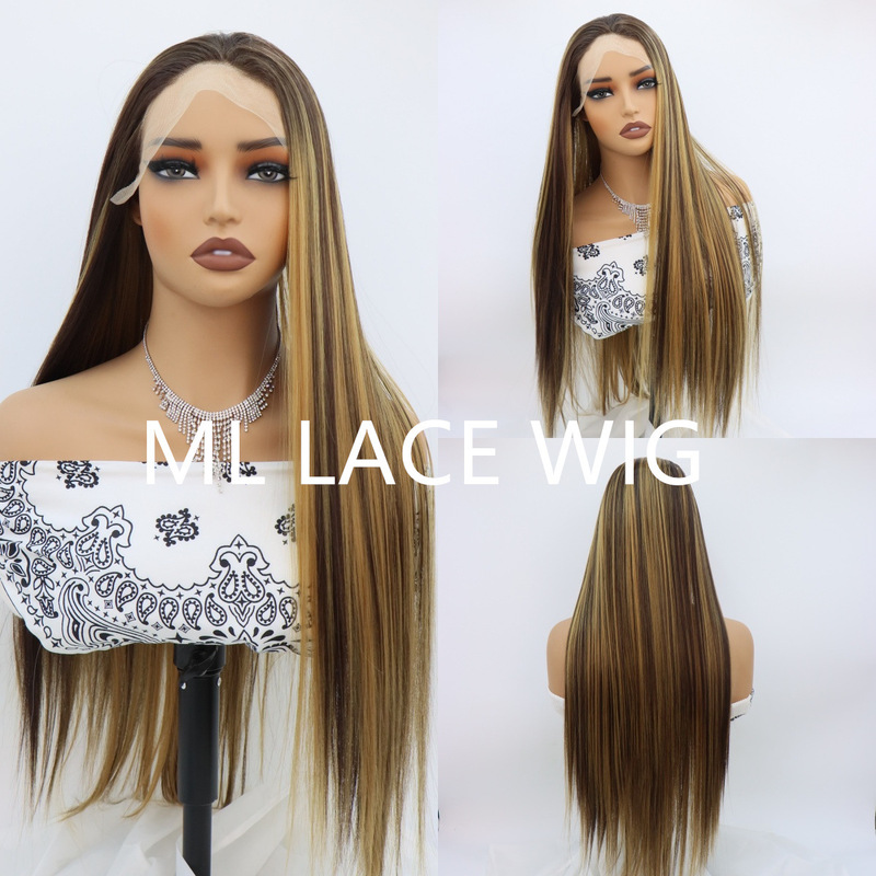 13*4 front lace cross-border European and American dyeing mixed color synthetic high temperature silk pre-dialed hairline natural wig headgear