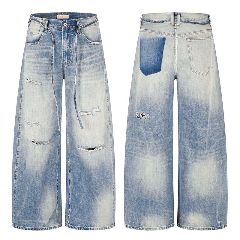 Tuochuan Ck9836 American Retro Washed Ripped Jeans for Men and Women, Loose Vibe High Street Design Casual Pants