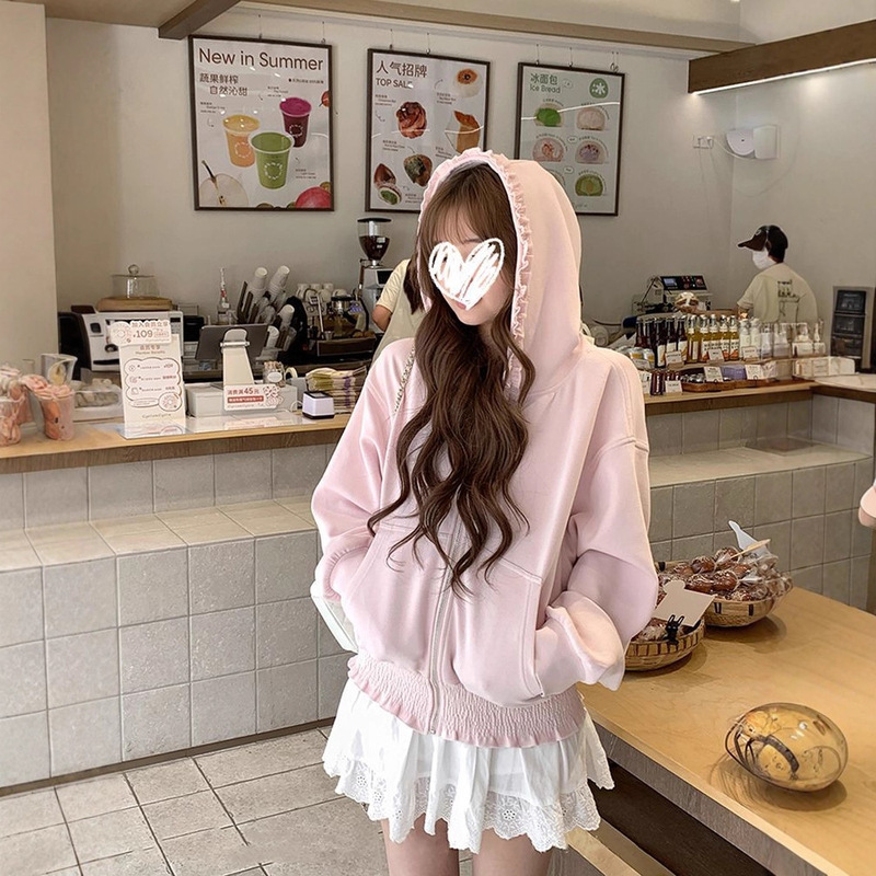 Pink Zip-Up Hooded Sweatshirt Jacket for Women, Lazy Loose Ruffled Long-Sleeve Cardigan from Own Factory