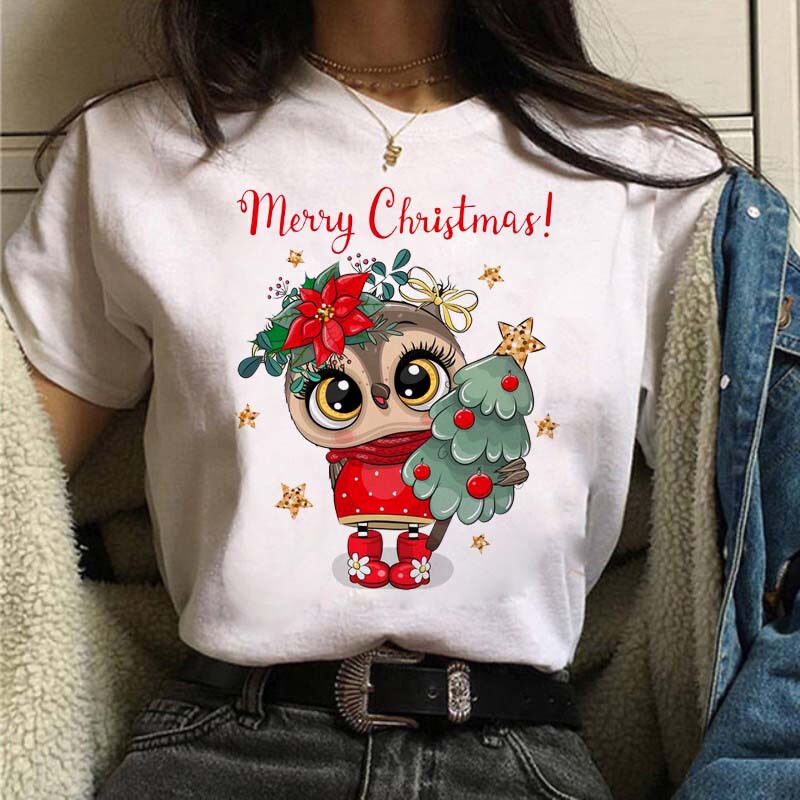 Independent Website Merry Christmas Christmas Tree Santa Claus Plus Size Women's Clothing Loose Fashion Simple Printed T-Shirt Women's Clothing