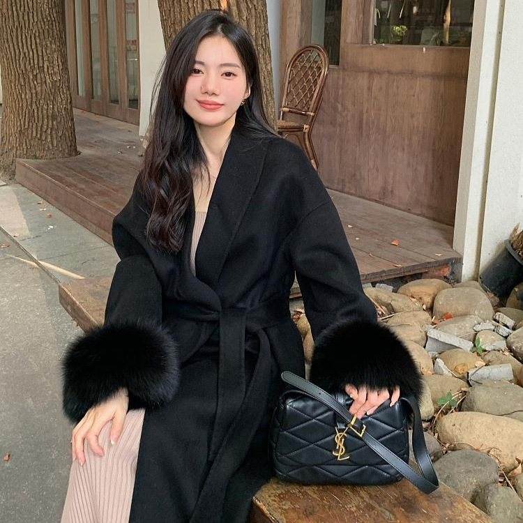 Hepburn Style High-End Woolen Black Coat for Women Autumn and Winter Waist-Cinching Woolen Coat