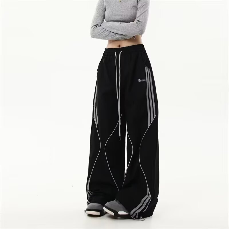 American Solid Color Crane Pants Girls American Retro Striped Sports Pants Fashion Brand Jazz Dance hiphop Straight Pants