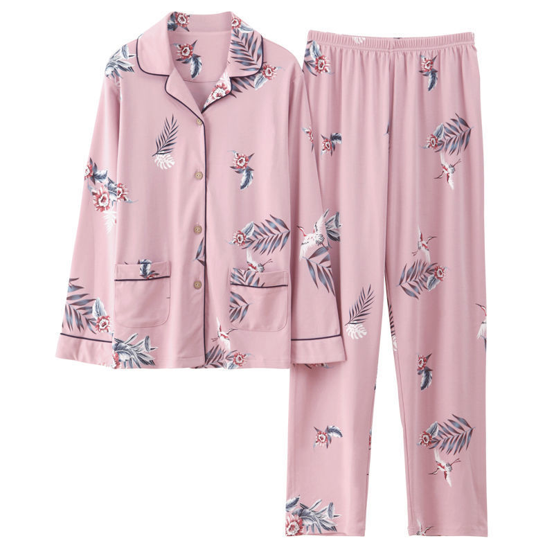 Pijamas de algodón puro primavera y otoño de las mujeres de manga larga más el tamaño cardigan traje de las madres de mediana edad y ancianos ropa de casa al aire libre