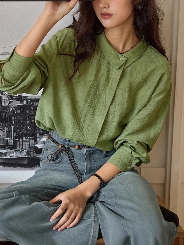 solighter 法式亚麻不对称翻领提花衬衫女秋|undefined