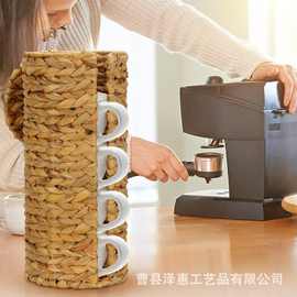 水葫芦草编收纳篮圆形直筒带盖收纳筐编织纸巾收纳卫生纸架水杯架