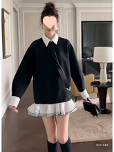 学院风复古撞色假两件感连衣裙女早春宽松显瘦遮肉荷叶边短裙