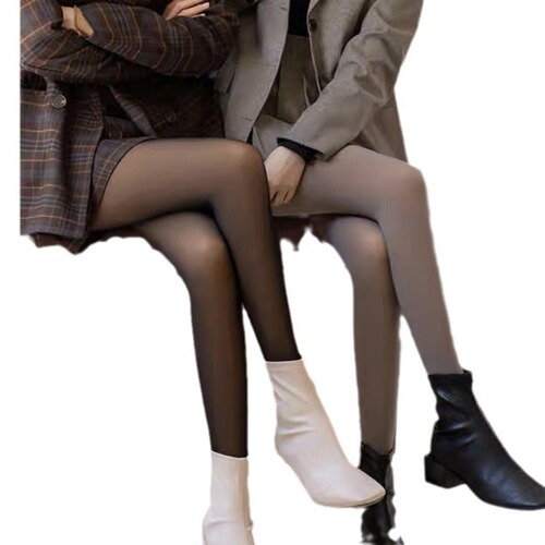 Printed Black Sheer Leggings for Women, Plus-Size, Thickened Fleece, Flight Attendant Style – Gray Fake-Flesh Tone, Silk-Like Base Tights, Warm & Extra-Thick