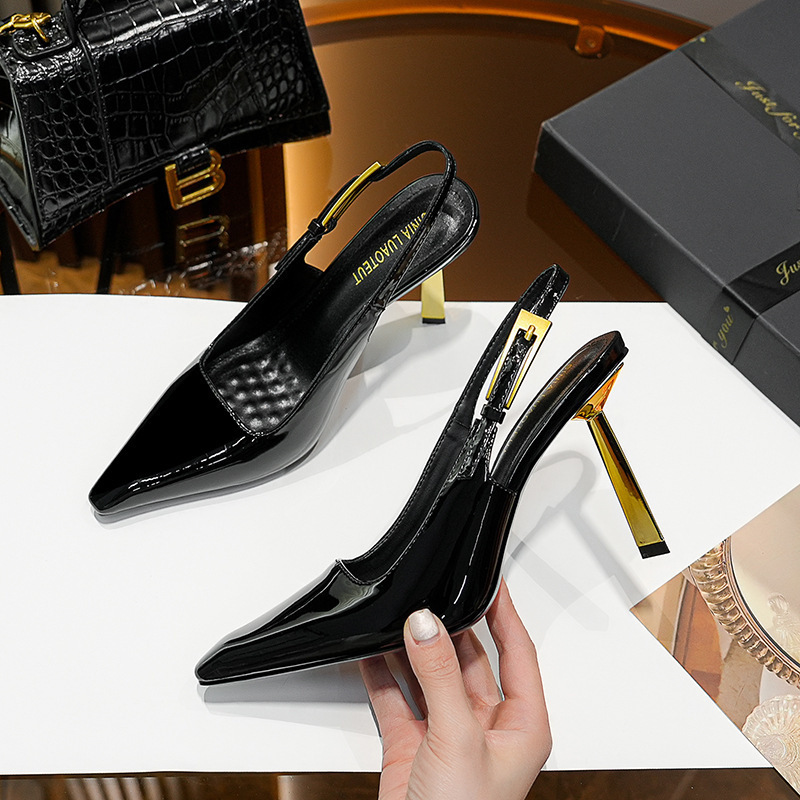 Nazha's Same Style Black Pointed-Toe High Heels with Thin Heels, Elegant Patent Leather, Sexy Metal Toe Cap, Buckle Strap, and Open Back