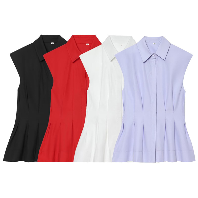 2026 New Summer Style Fashionable and Elegant Women's Sleeveless Lapel Waist-Cinching Pleated Skirt-Style Hem Shirt 6095982 2026 New Summer Style Fashionable and Elegant Women's Sleeveless Lapel Waist-Cinching Pleated Skirt-Style Hem Shirt 6095982