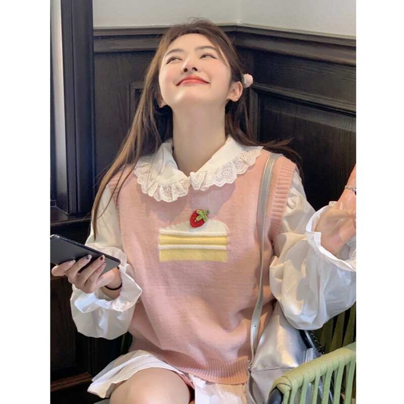 羊村草莓蛋糕针织马甲女秋冬2025新款设计感甜美无袖背心减龄坎肩|undefined