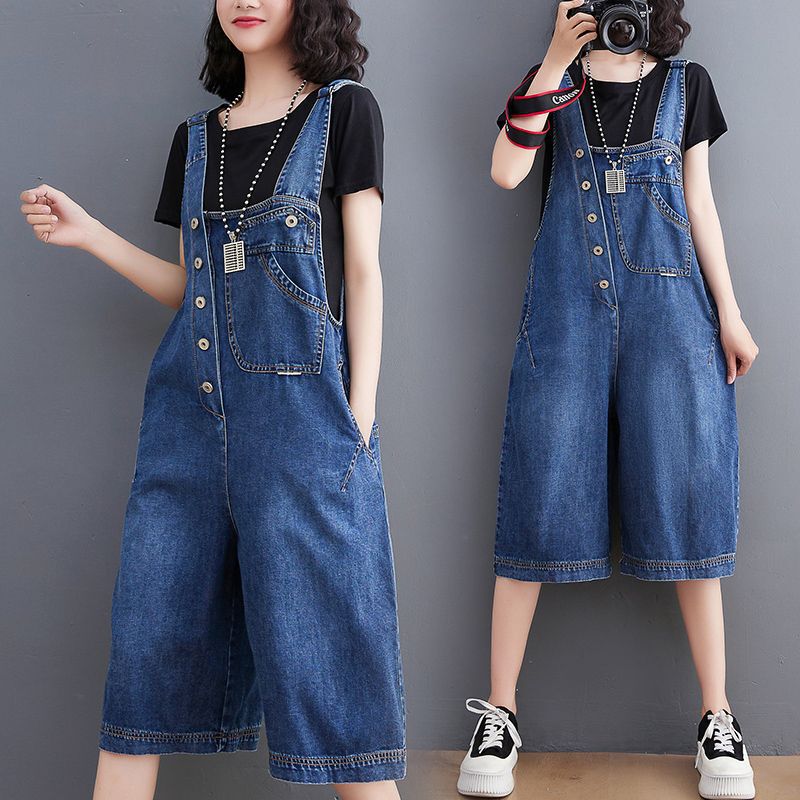 Denim Suspender Pants Women's Summer New Arrival Suspender Shorts Over Knee Mid-length Casual Jumpsuit Sling Wide-leg Pants