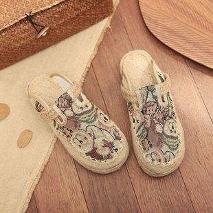 2025 Cross-Border Old Beijing Cloth Shoes, Summer Shallow Mouth Round Toe Slip-On Lazy Slippers, Ethnic Style Green Bear Slippers