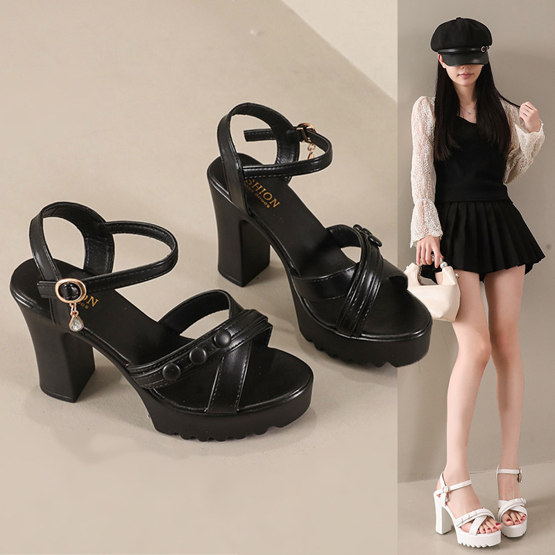 2026 Summer New Korean Style High-Heeled Sandals with Buckle, Fashionable Chunky Heels, Wholesale Versatile Cross-Border Women's Sandals