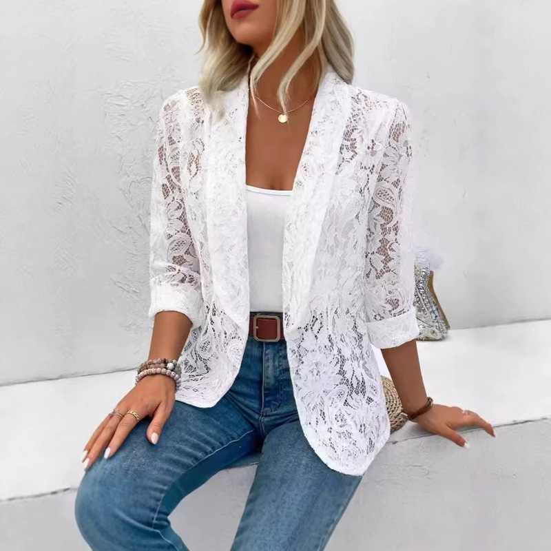Amazon 2026 European and American Cross-Border Spring and Summer Stylish Versatile Solid Color Lace Shirt Hollow-Out Jacket for Women
