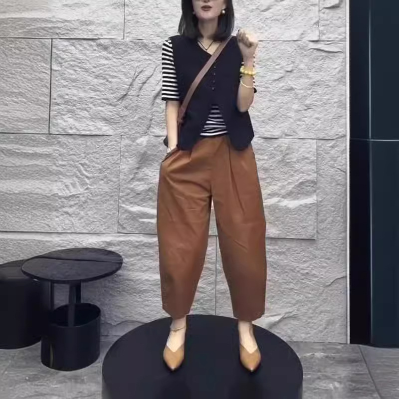 24150大爱美依缘2026夏季洋气条纹打底衫单排扣马甲休闲哈伦裤女